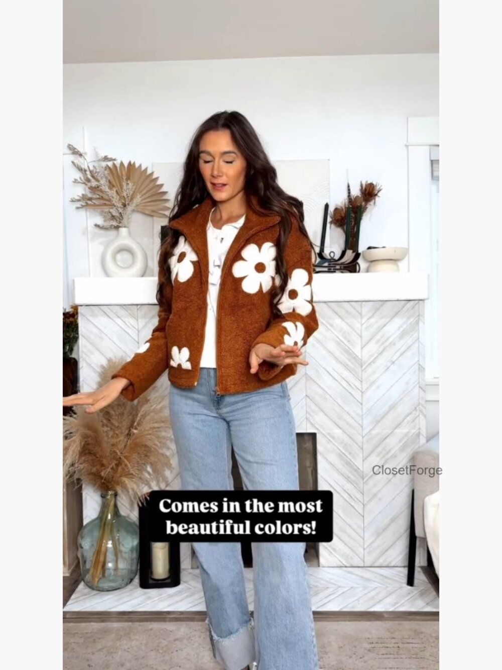 Womens Floral Sherpa Fleece Jacket Cropped Zip Up Long Sleeve Casual Winter - Picture 7 of 7